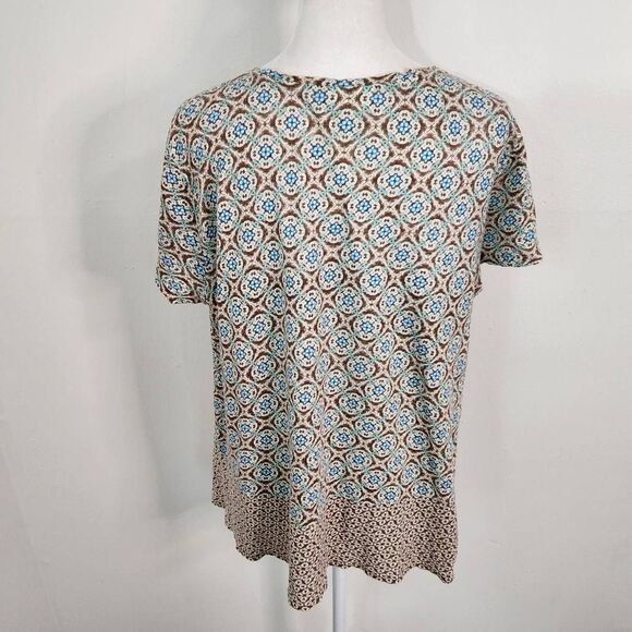 J. Jill Linen T-Shirt Size Medium Brown and Blue Medallion Print Tee - Picture 4 of 7